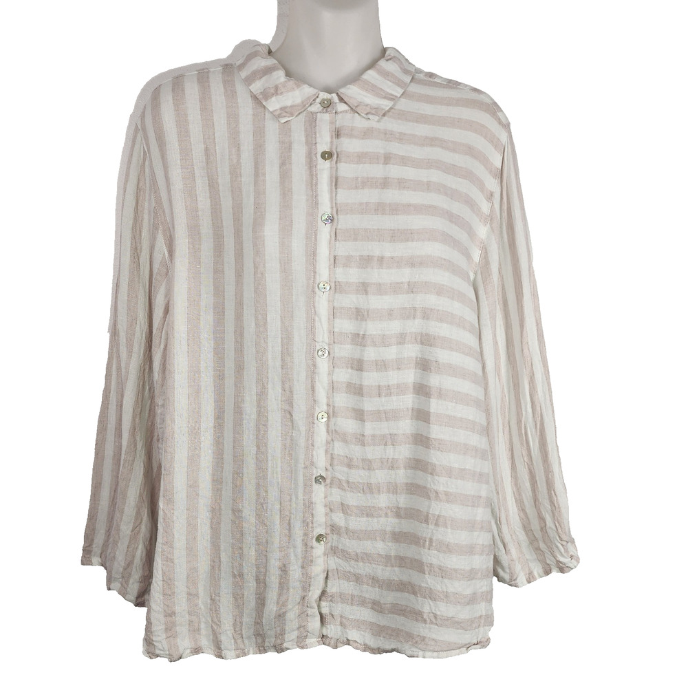 St. Tropez West Womens Linen Shirt Large Beige White Stripe Button Up Coastal